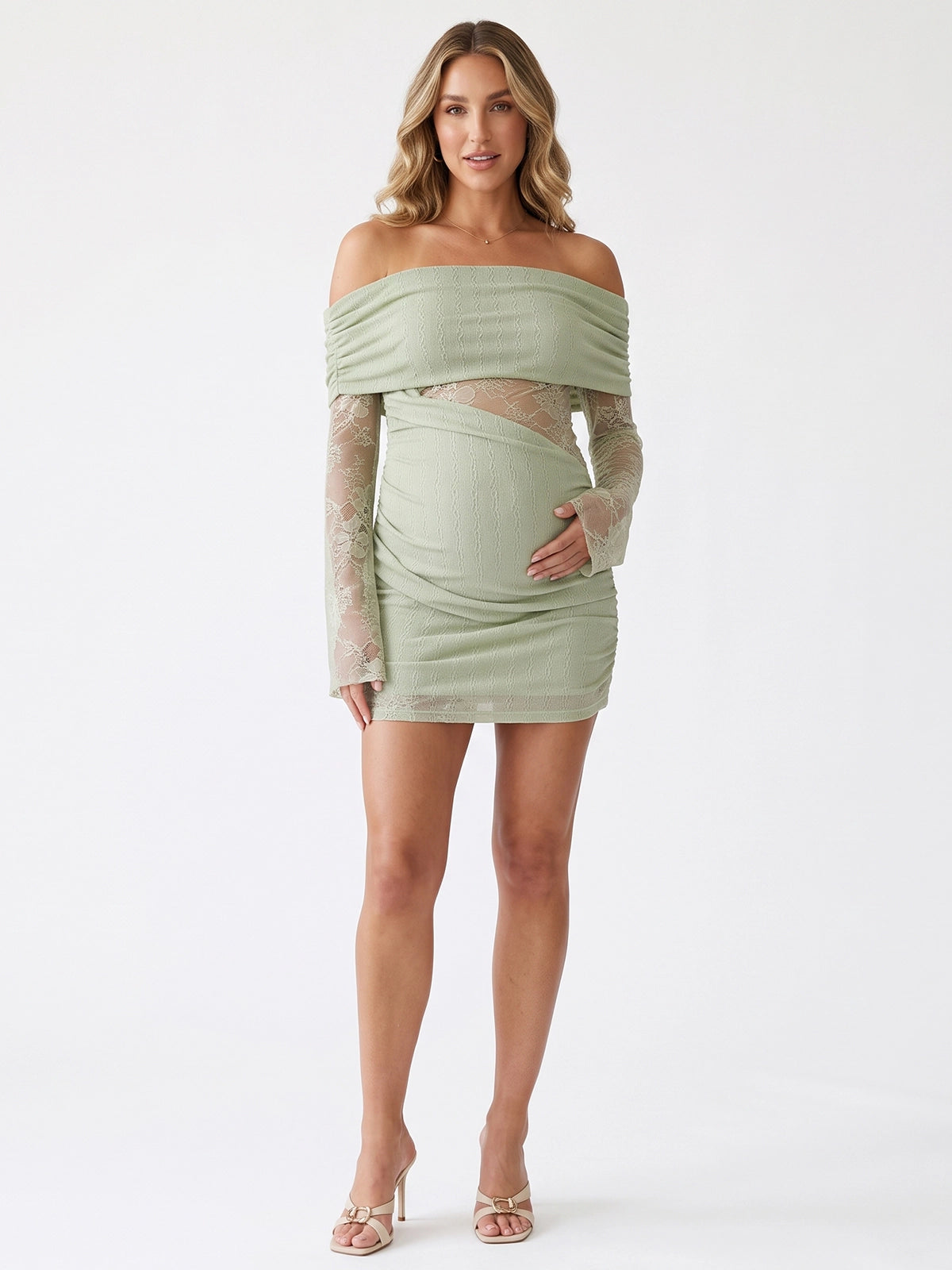 Sage Green Off Shoulder Maternity Mini Dress with Sheer Lace Sleeves