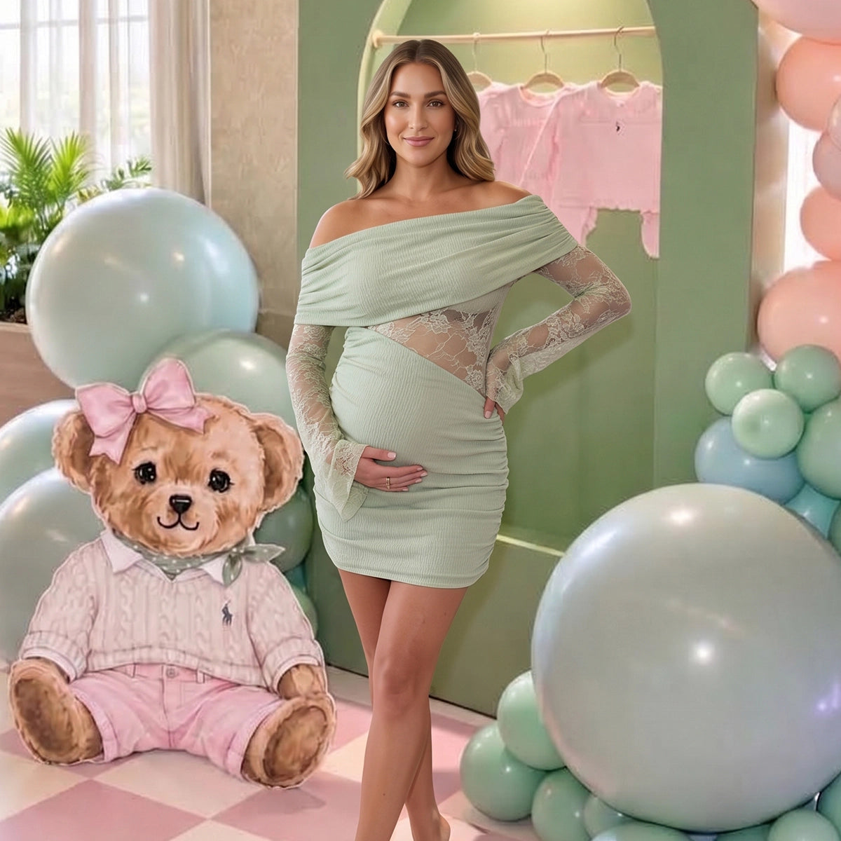 Sage Green Off Shoulder Maternity Mini Dress with Sheer Lace Sleeves