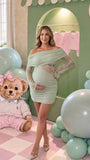 Sage Green Off Shoulder Maternity Mini Dress with Sheer Lace Sleeves