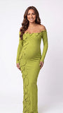 Sage Green 3D Wavy Trim Off Shoulder Maternity Maxi Gown