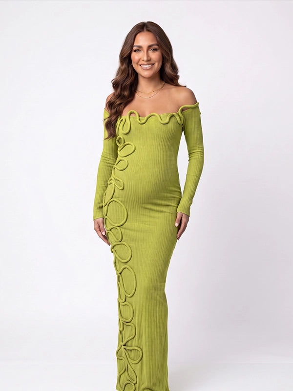 Sage Green 3D Wavy Trim Off Shoulder Maternity Maxi Gown