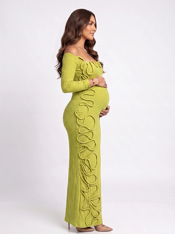 Sage Green 3D Wavy Trim Off Shoulder Maternity Maxi Gown
