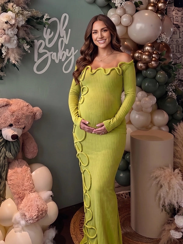 Sage Green 3D Wavy Trim Off Shoulder Maternity Maxi Gown