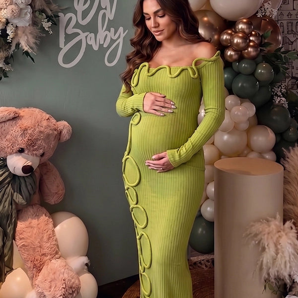 Sage Green 3D Wavy Trim Off Shoulder Maternity Maxi Gown