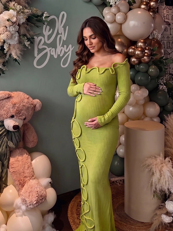 Sage Green 3D Wavy Trim Off Shoulder Maternity Maxi Gown
