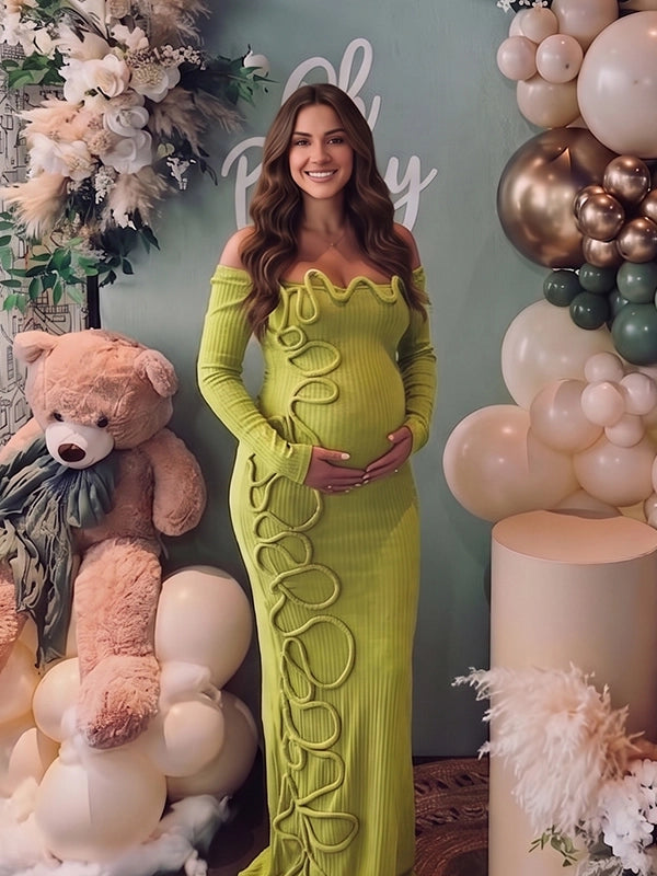 Sage Green 3D Wavy Trim Off Shoulder Maternity Maxi Gown
