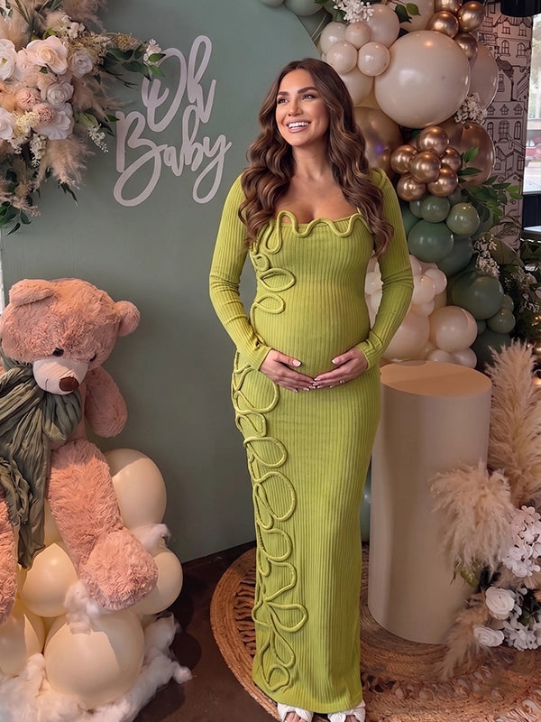 Sage Green 3D Wavy Trim Off Shoulder Maternity Maxi Gown