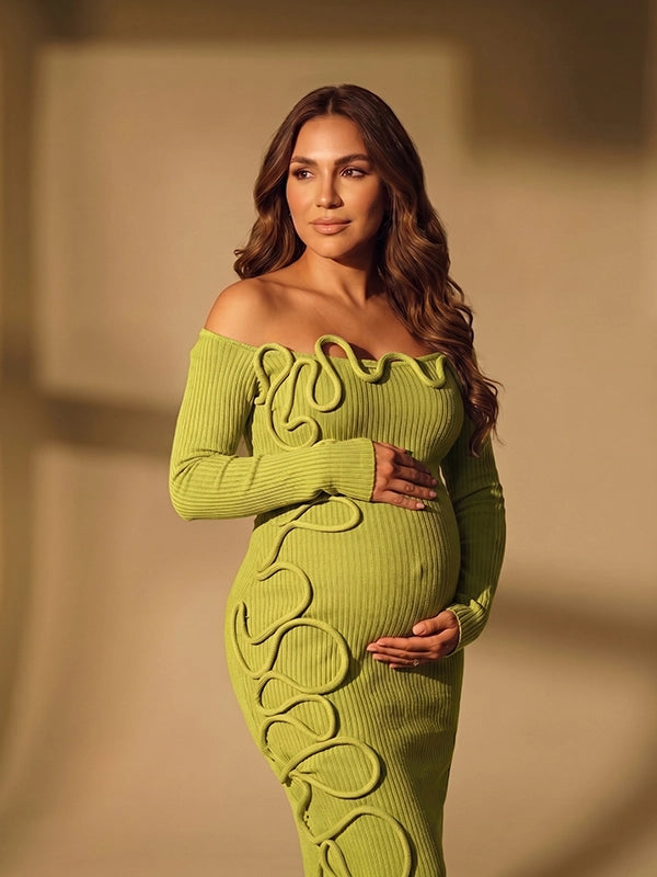 Sage Green 3D Wavy Trim Off Shoulder Maternity Maxi Gown