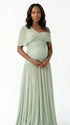 sage green maternity maxi dress one shoulder ruched pleated skirt back tie flowy baby shower dress