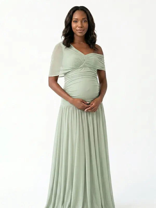 sage green maternity maxi dress one shoulder ruched pleated skirt back tie flowy baby shower dress