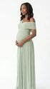sage green maternity maxi dress one shoulder ruched pleated skirt back tie flowy baby shower dress