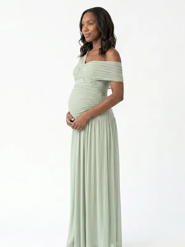 sage green maternity maxi dress one shoulder ruched pleated skirt back tie flowy baby shower dress