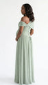 sage green maternity maxi dress one shoulder ruched pleated skirt back tie flowy baby shower dress