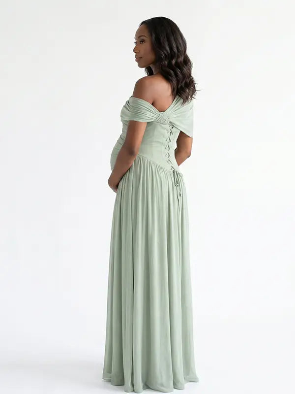 sage green maternity maxi dress one shoulder ruched pleated skirt back tie flowy baby shower dress
