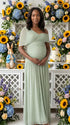 sage green maternity maxi dress one shoulder ruched pleated skirt back tie flowy baby shower dress