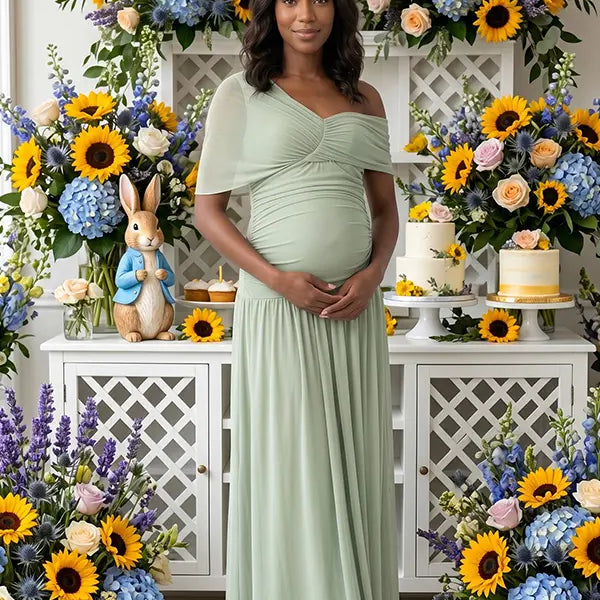 sage green maternity maxi dress one shoulder ruched pleated skirt back tie flowy baby shower dress
