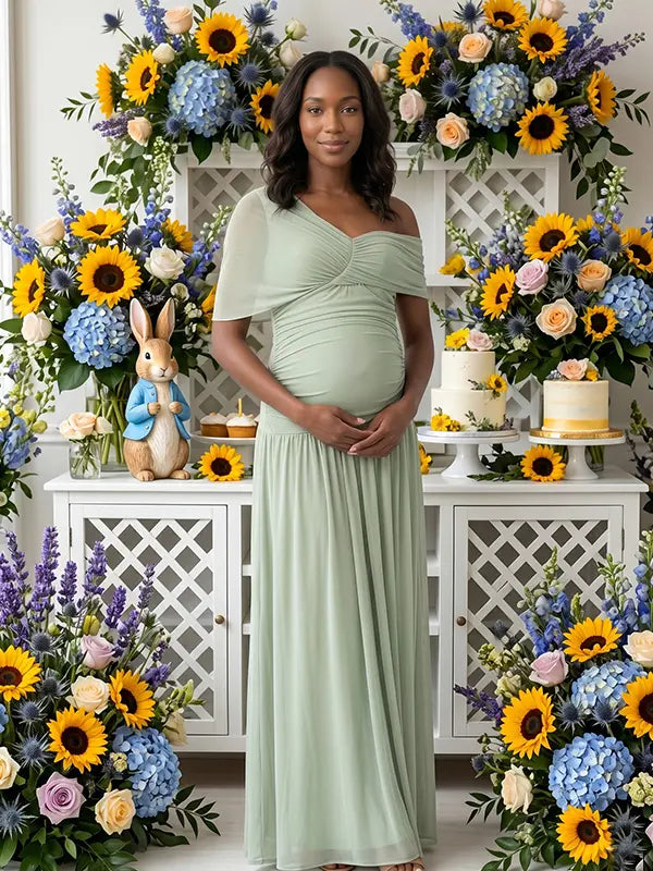 sage green maternity maxi dress one shoulder ruched pleated skirt back tie flowy baby shower dress