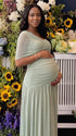 sage green maternity maxi dress one shoulder ruched pleated skirt back tie flowy baby shower dress