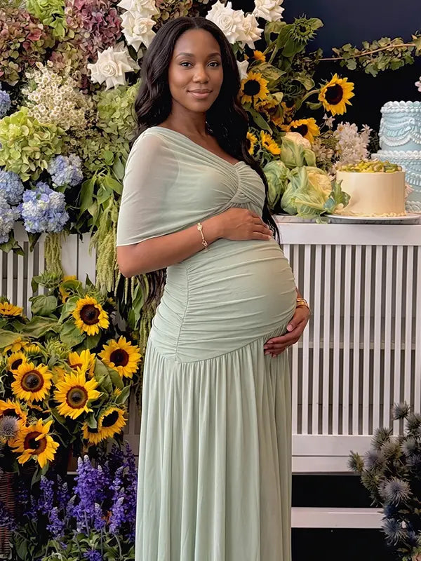 sage green maternity maxi dress one shoulder ruched pleated skirt back tie flowy baby shower dress