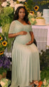 sage green maternity maxi dress one shoulder ruched pleated skirt back tie flowy baby shower dress