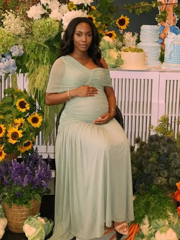 sage green maternity maxi dress one shoulder ruched pleated skirt back tie flowy baby shower dress