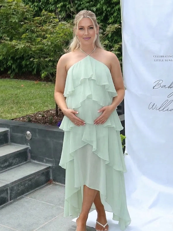 Solid Color Layered Ruffle High-Low Maternity Maxi Dress