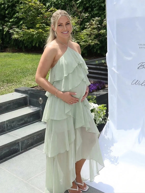 Solid Color Layered Ruffle High-Low Maternity Maxi Dress