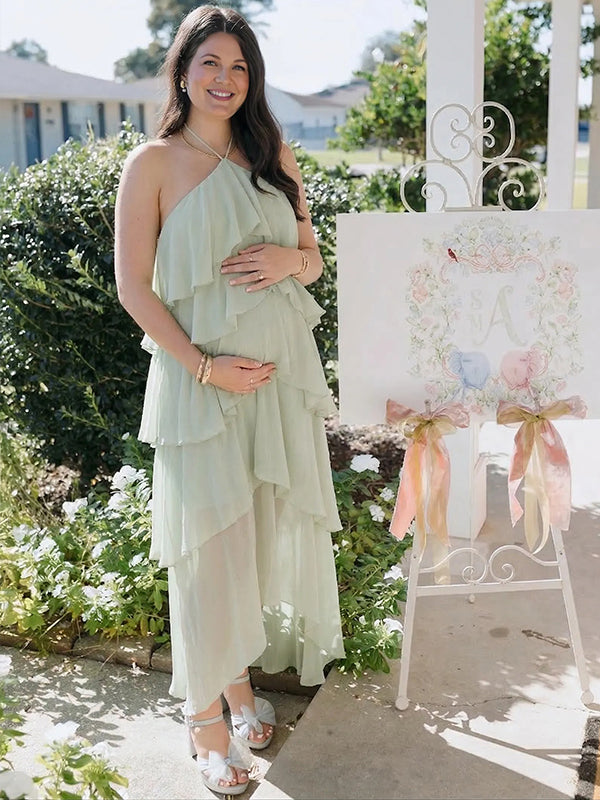 Solid Color Layered Ruffle High-Low Maternity Maxi Dress
