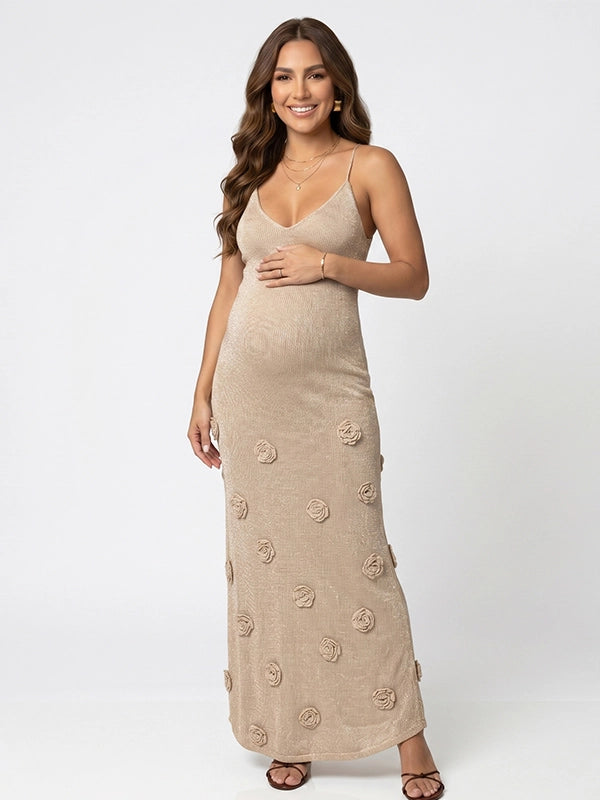 Shimmering Champagne Knit Rosette Backless Cami Maternity Maxi Dress