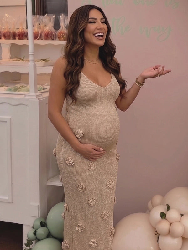 Shimmering Champagne Knit Rosette Backless Cami Maternity Maxi Dress