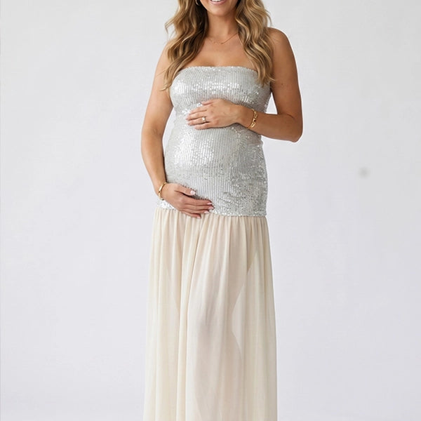 Silver Sequin Strapless Maternity Maxi Gown — Neutral Glam Edition