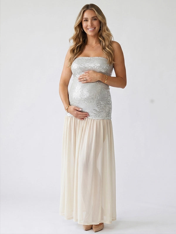 Silver Sequin Strapless Maternity Maxi Gown — Neutral Glam Edition