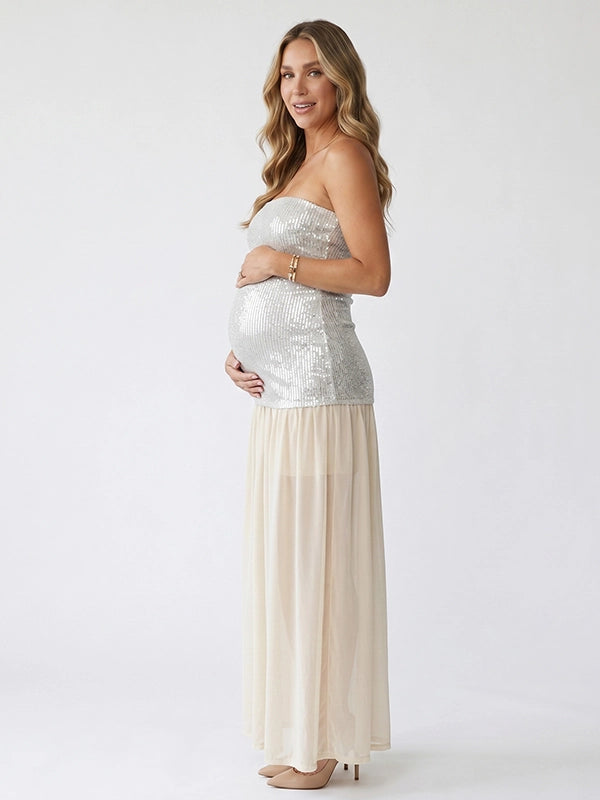 Silver Sequin Strapless Maternity Maxi Gown — Neutral Glam Edition