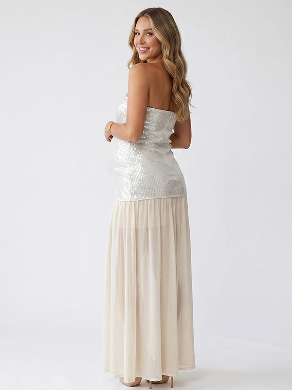 Silver Sequin Strapless Maternity Maxi Gown — Neutral Glam Edition