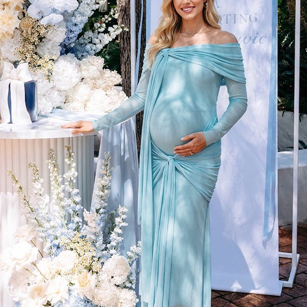 Sky Blue Off Shoulder Ruched Knot Draped Maternity Maxi Dress