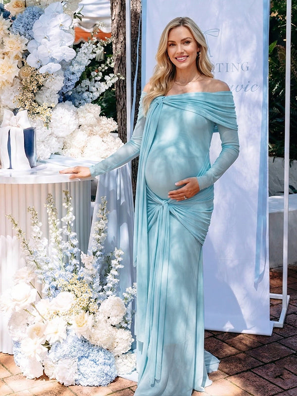 Sky Blue Off Shoulder Ruched Knot Draped Maternity Maxi Dress