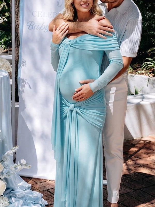 Sky Blue Off Shoulder Ruched Knot Draped Maternity Maxi Dress