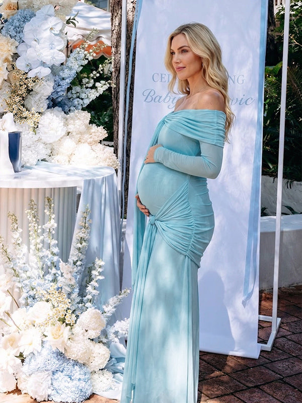 Sky Blue Off Shoulder Ruched Knot Draped Maternity Maxi Dress