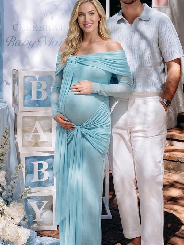 Sky Blue Off Shoulder Ruched Knot Draped Maternity Maxi Dress