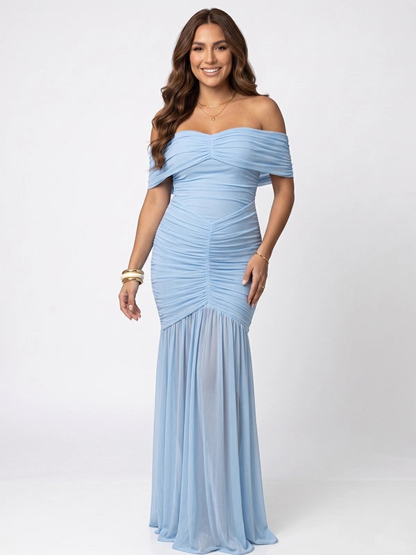 Sky Blue Off Shoulder Ruched Mermaid Elegant Maternity Maxi Gown