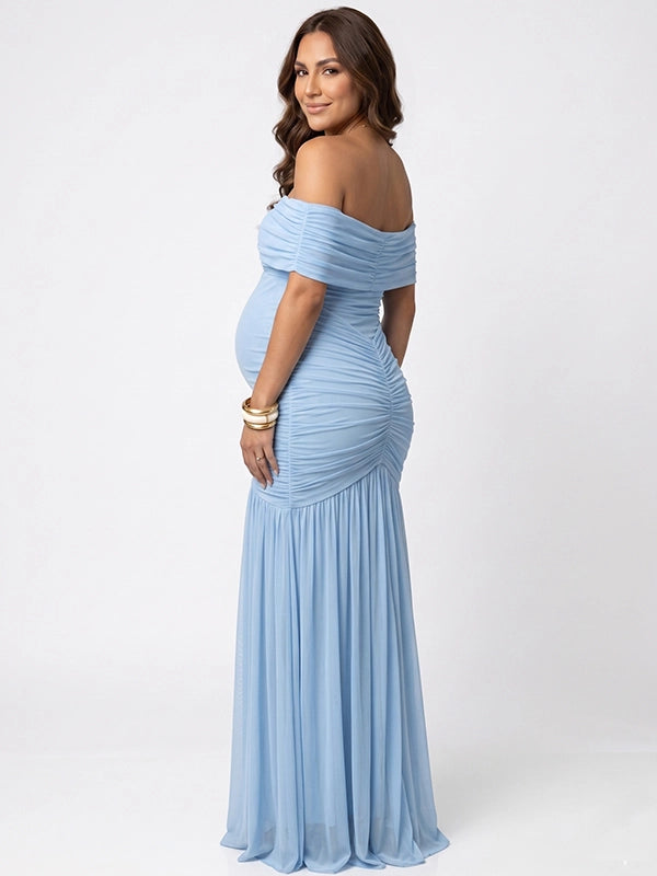 Sky Blue Off Shoulder Ruched Mermaid Elegant Maternity Maxi Gown