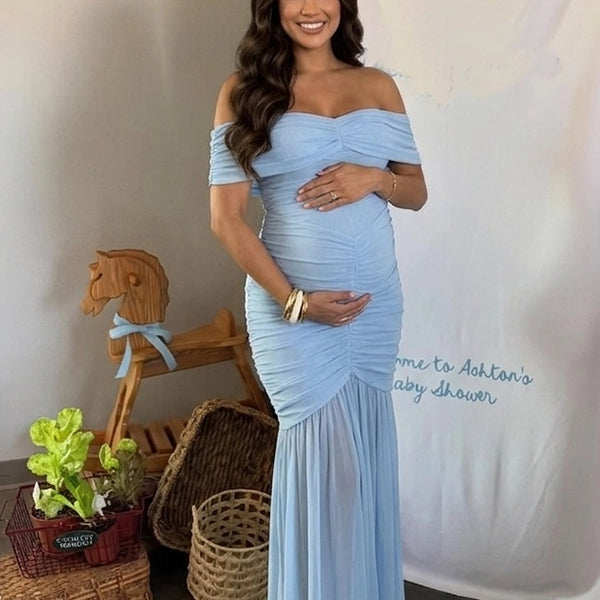 Sky Blue Off Shoulder Ruched Mermaid Elegant Maternity Maxi Gown