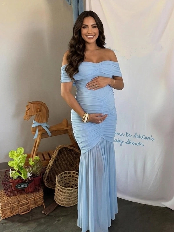 Sky Blue Off Shoulder Ruched Mermaid Elegant Maternity Maxi Gown