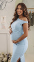 Sky Blue One-Shoulder Maternity Midi Dress – Milk Silk Bodycon with Side Slit Elegant Summer Gown