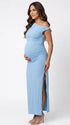 Sky Blue One-Shoulder Maternity Midi Dress – Milk Silk Bodycon with Side Slit Elegant Summer Gown