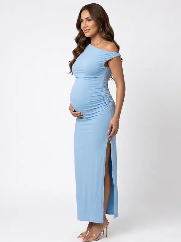 Sky Blue One-Shoulder Maternity Midi Dress – Milk Silk Bodycon with Side Slit Elegant Summer Gown