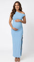 Sky Blue One-Shoulder Maternity Midi Dress – Milk Silk Bodycon with Side Slit Elegant Summer Gown