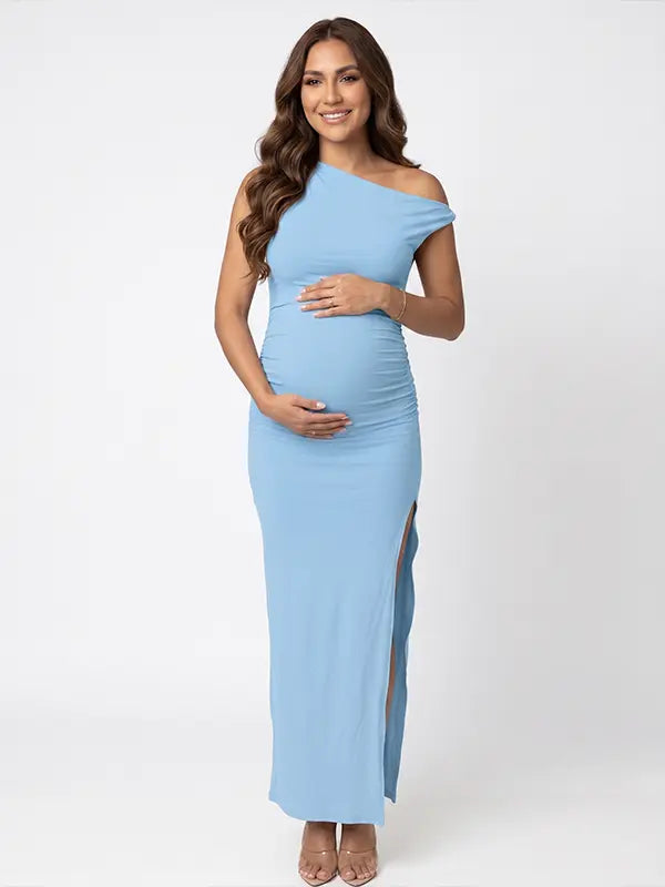 Sky Blue One-Shoulder Bodycon Maternity Maxi Dress