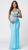 Sky Blue Sheer Mesh Ruched Draped Halter Maternity Maxi Dress