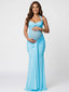 Sky Blue Sheer Mesh Ruched Draped Halter Maternity Maxi Dress